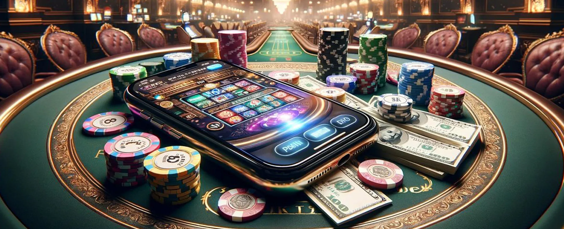A serene image depicting responsible online gambling, with a focus on a table game setup, showing a hand carefully placing chips. The scene is calm, with subtle golden light and a black background, emphasizing safety and control.